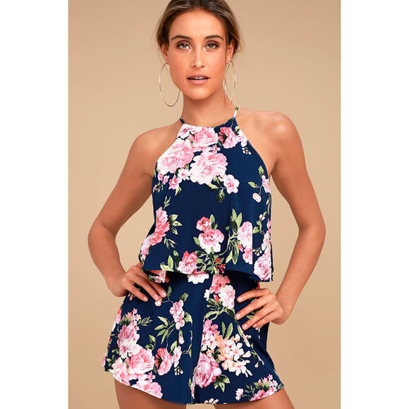 Lulus Pants - Lulus In The Garden Navy Blue Floral Print Romper - Size XS